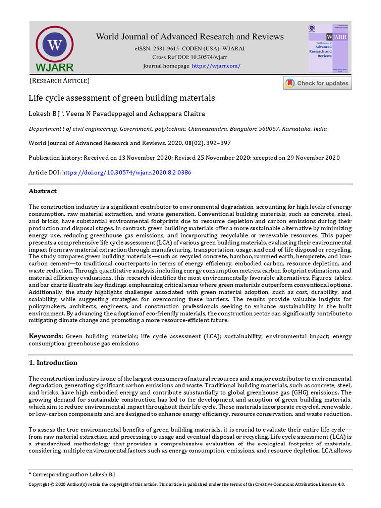 Life Cycle Assessment of Green Materials | PDF | Life Cycle Assessment ...