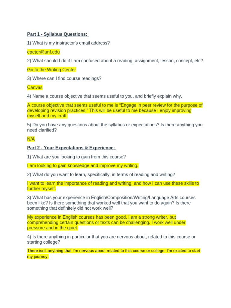 Syllabus Questions & Your Expectations - Experience | PDF