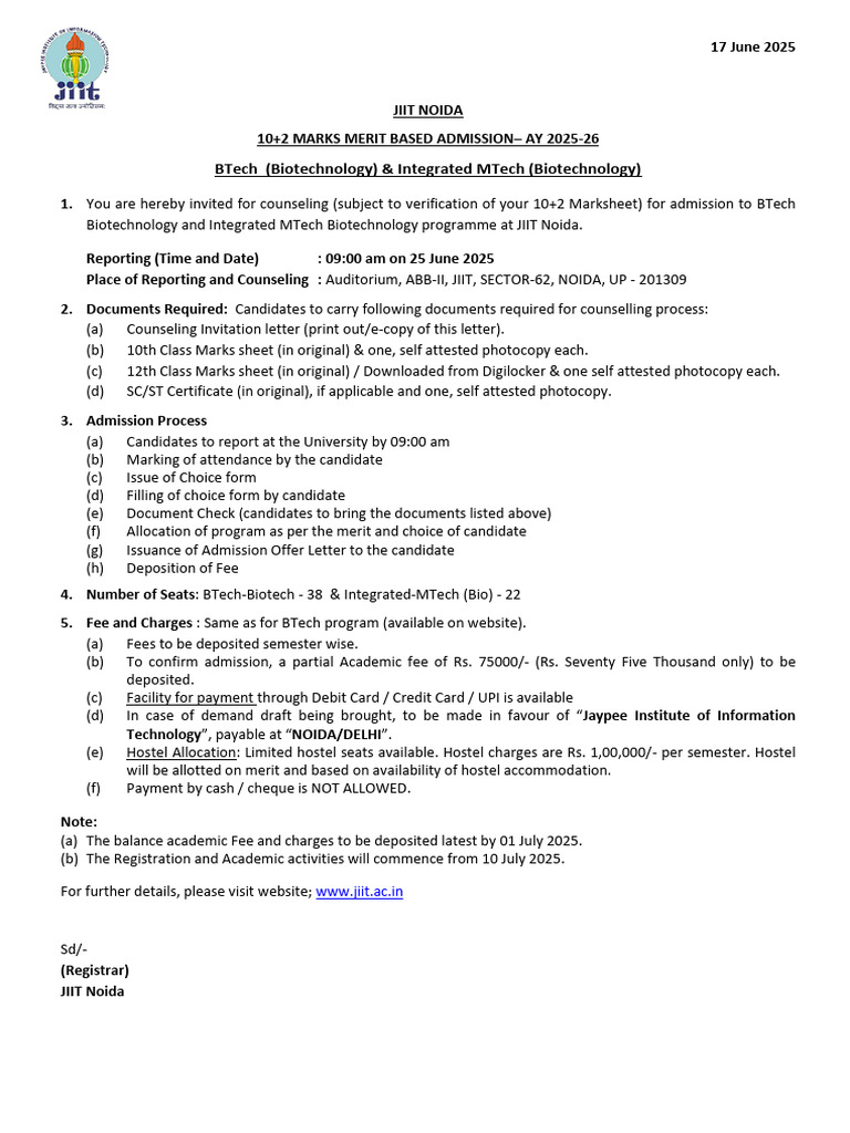 JIIT Noida BTech Counselling 2025 | PDF | Payments