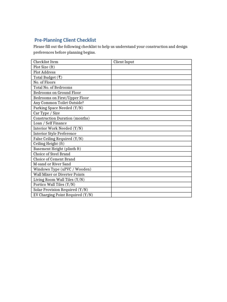 Construction Client Pre-Planning Checklist | PDF