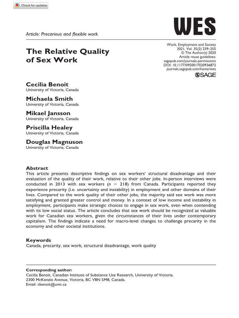Benoit Et Al., (2021) - The Relative Quality of Sex Work. Work ...
