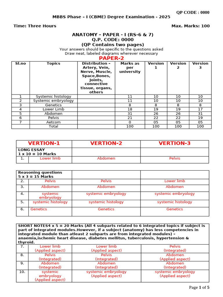 Anatomy - 2 Versions RGUHS - 12.6.25 | PDF | Anatomy | Medical Specialties