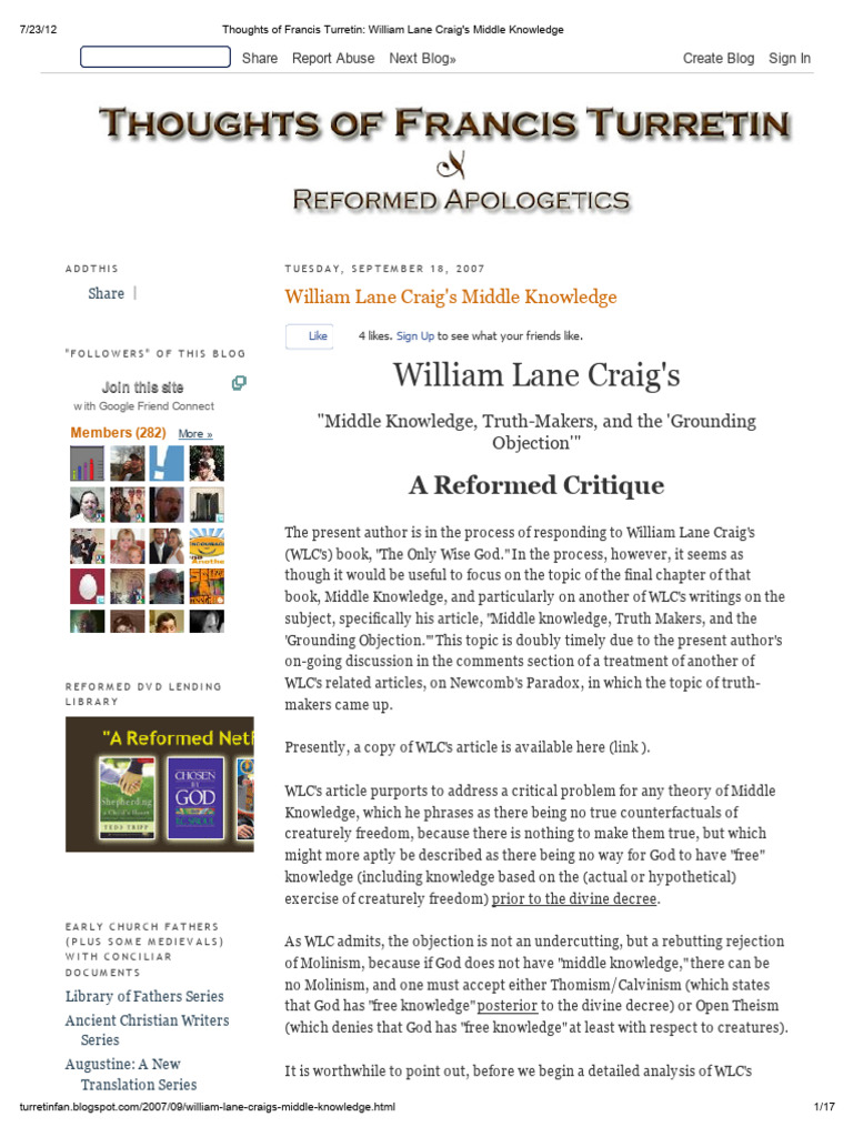 Francis Turretin - William Lane Craig's Middle Knowledge | PDF | Truth ...