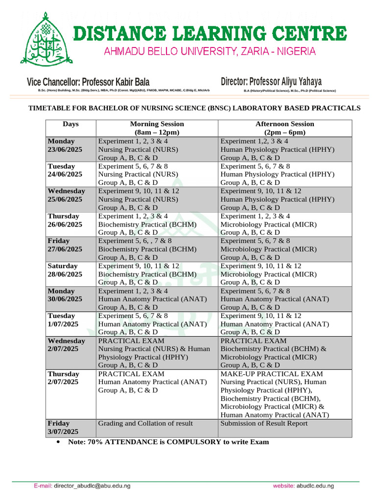 B.Sc. Nursing Timetable 2025 | PDF | Biology