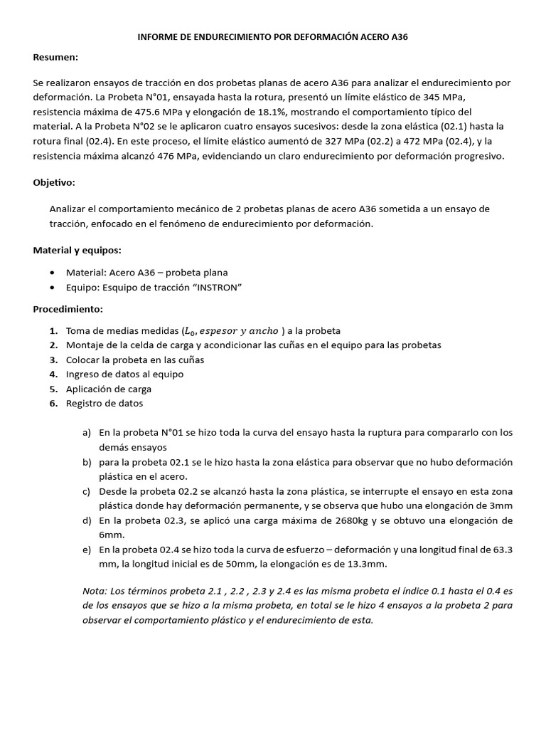 Informe Probeta Plana - Endurecimiento | PDF | Deformación (ingeniería ...