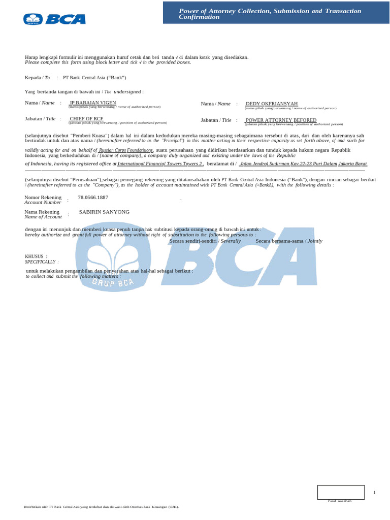 Surat Kuasa Bank Central Asia | PDF