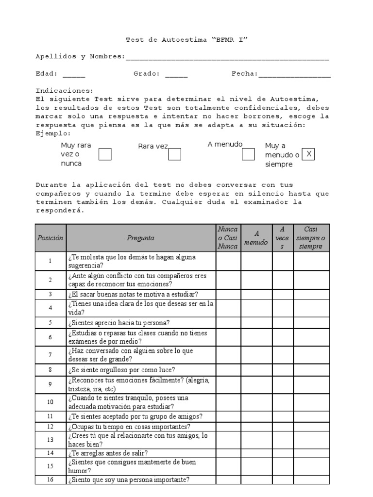 Test de Autoestima BFMR I (Instrumento)