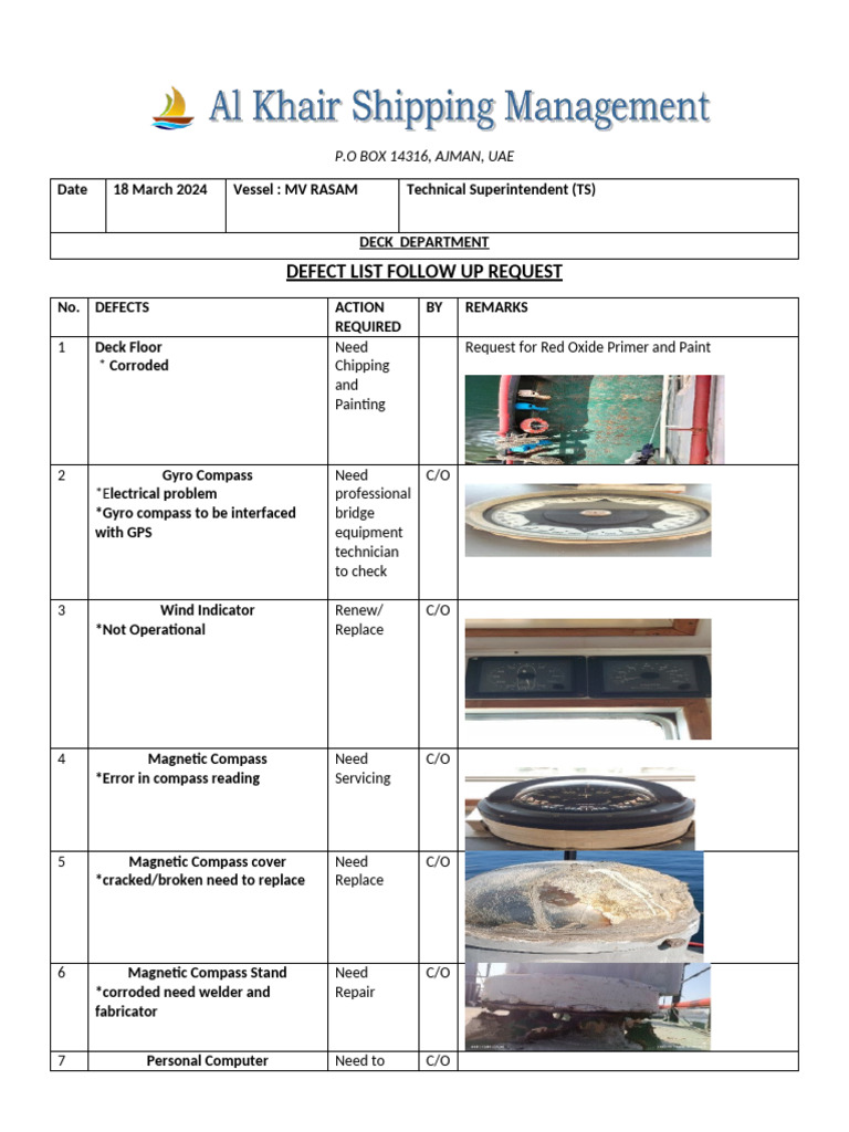 Deck Department Defect Follow-Up List | PDF
