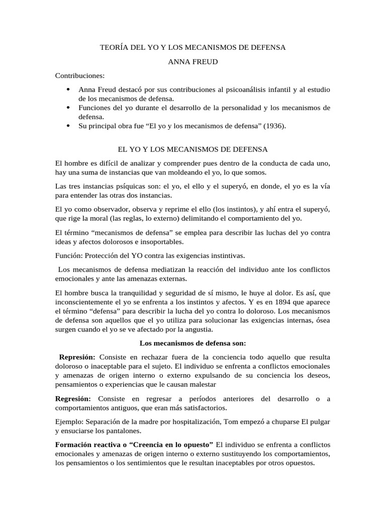 Teoría Del Yo y Los Mecanismos de Defens1 | PDF | Psicoanálisis | Sicología