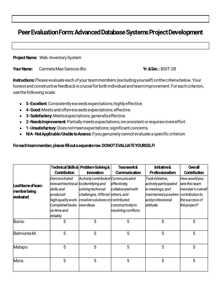 Peer Evaluation Form | PDF