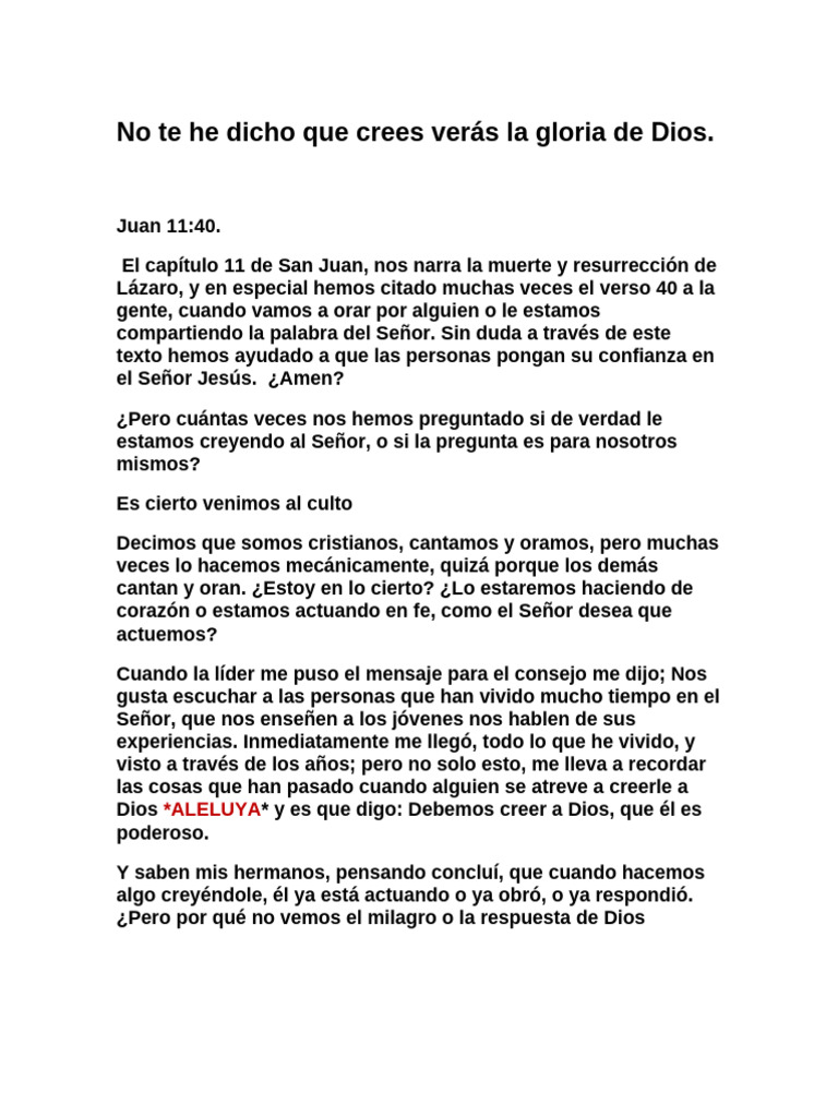 No Te He Dicho Que Crees Verás La Gloria de Dios | PDF | Oración | Dios