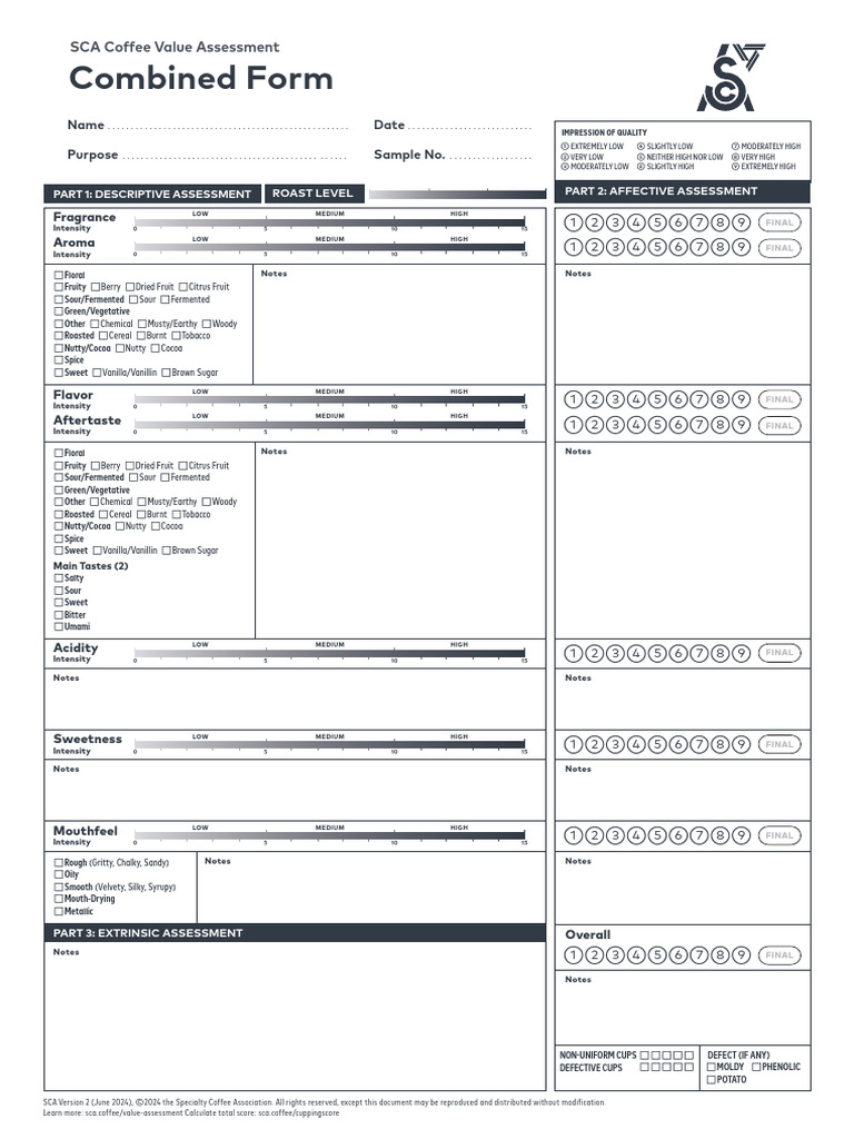 SCA Coffee Value Assessment Form | PDF | Taste