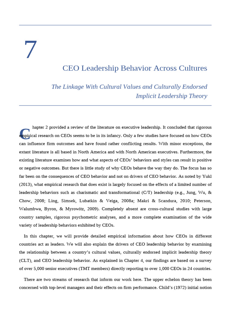 CEO Leadership Across Cultures: Insights from GLOBE | PDF | Leadership ...