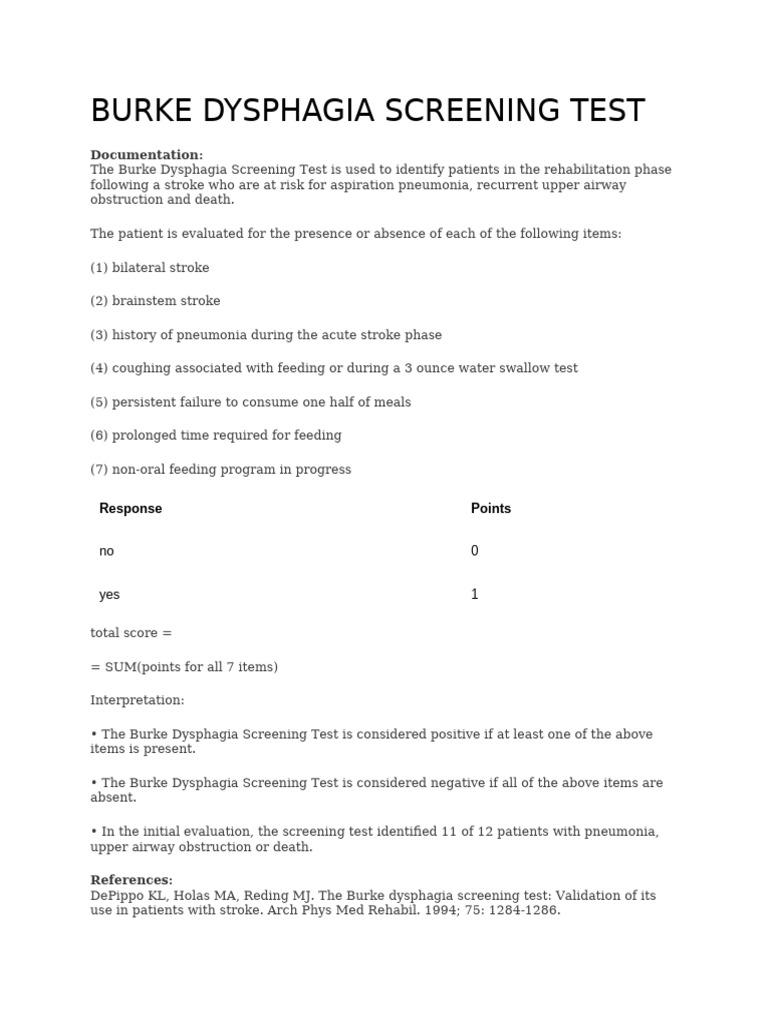 Burke Dysphagia Screening Test Overview | PDF
