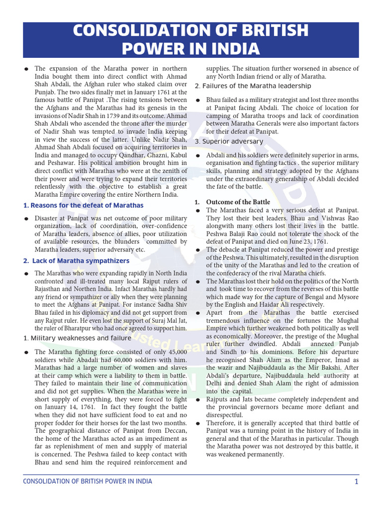 Consolidation of British Power in India - 9135638185 | PDF