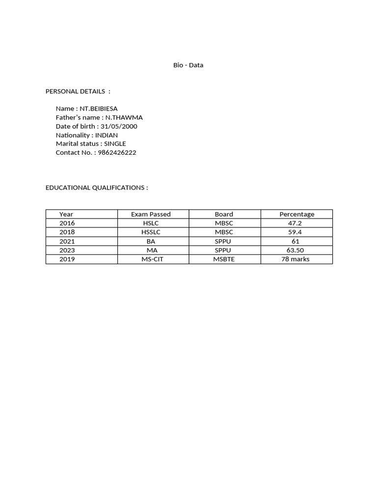 NT.BEIBIESA: Educational Bio Data | PDF