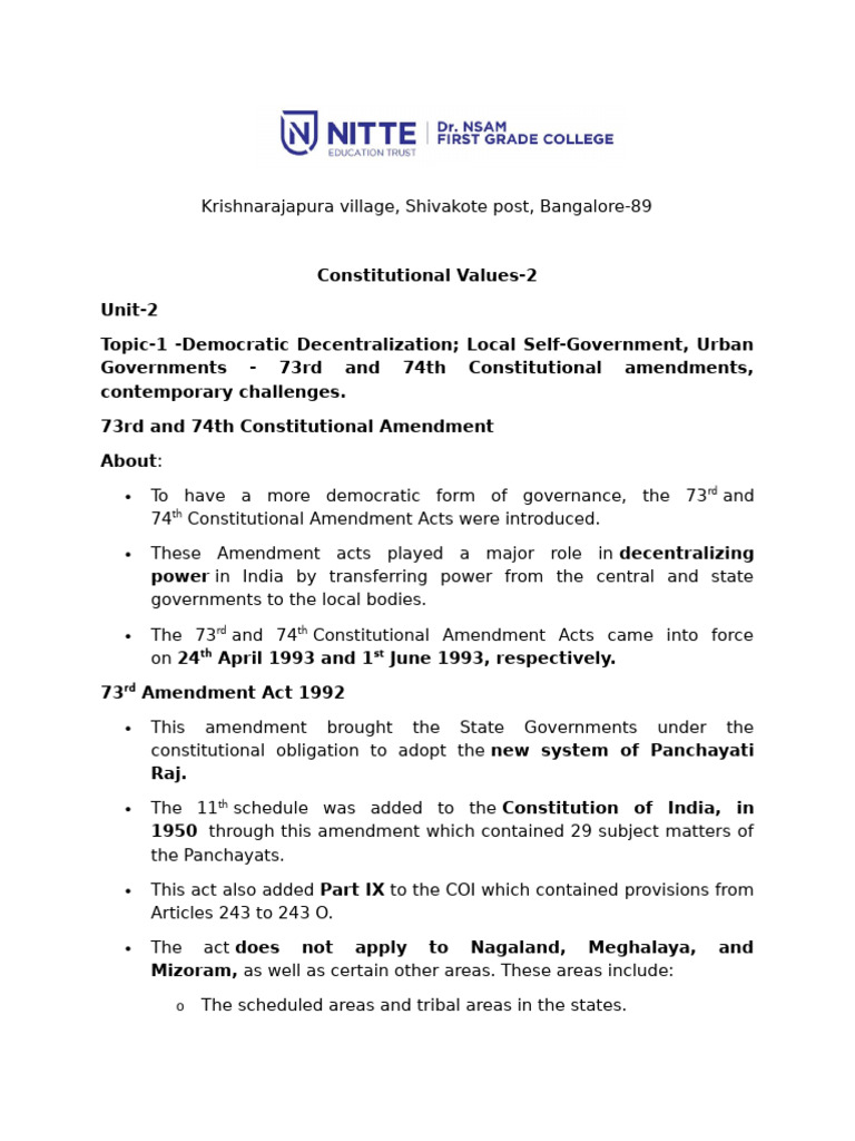 Understanding India's 73rd & 74th Amendments | PDF | Constitution ...