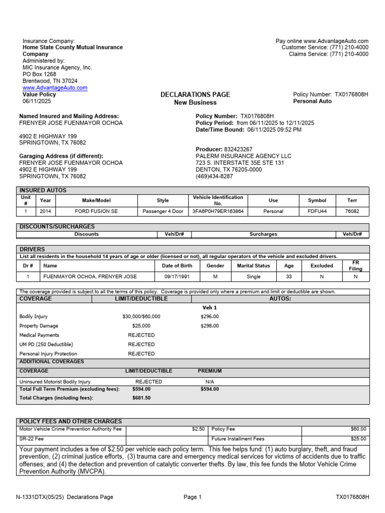 Personal Auto Insurance Declarations | PDF | Insurance | Deductible