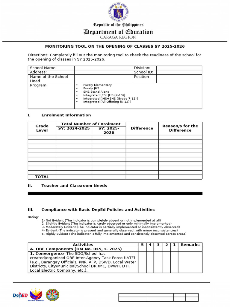 OBE Monitoring Tool for SY 2025-2026 | PDF | Teachers | Schools
