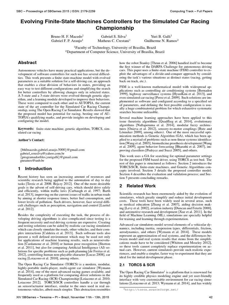 Evolving FSM Controllers for Racing Cars | PDF | Simulation | Genetic ...
