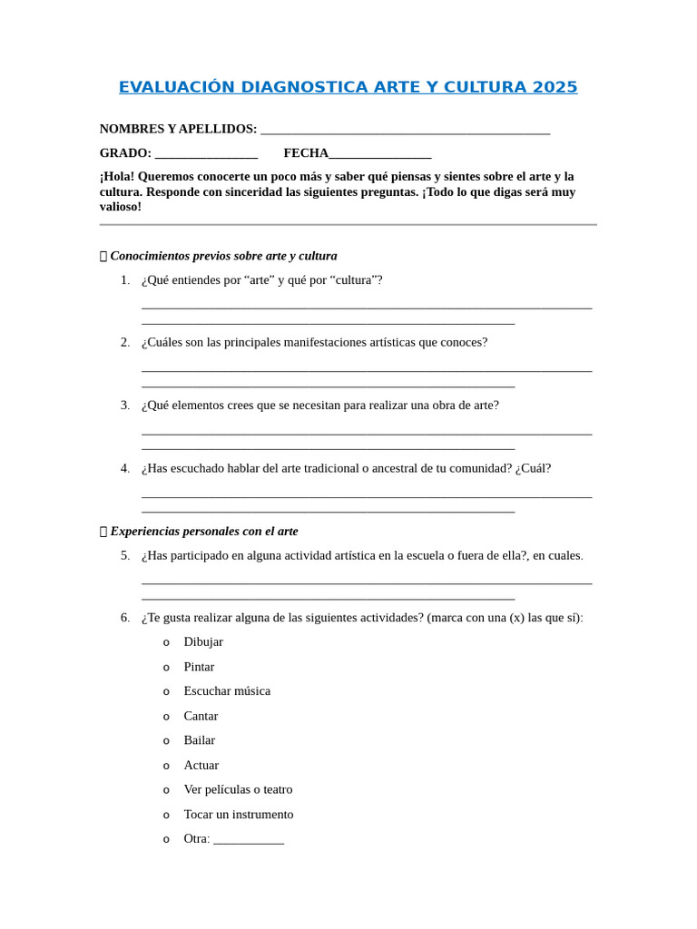 Evaluación Diagnóstica Arte y Cultura 2025 | PDF | Bailes