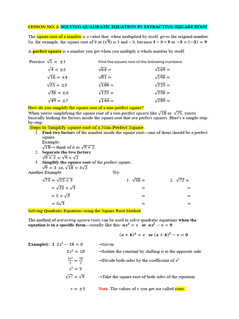 Extracting Square Roots in Quadratics | PDF | Square Root | Quadratic ...