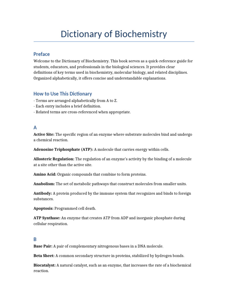 Biochemistry Dictionary Overview | PDF | Biochemistry | Chemistry