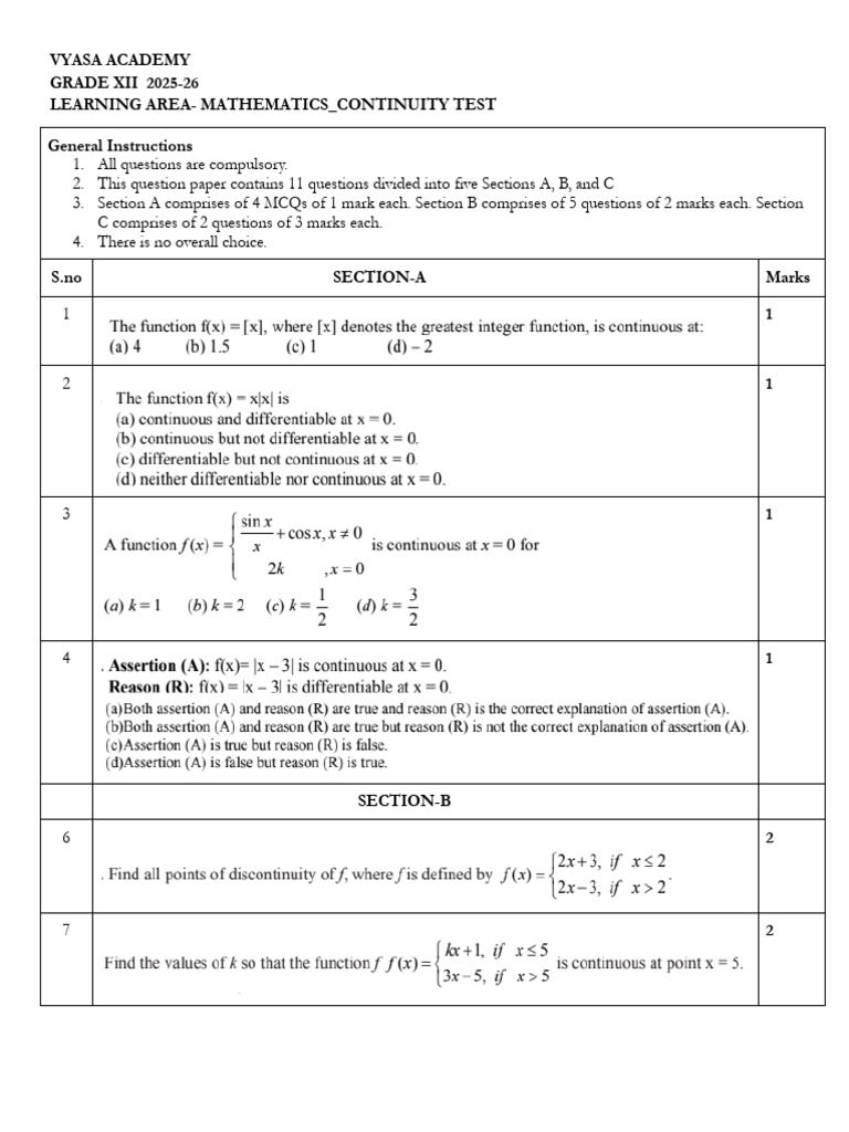 Grade XII Mathematics Continuity Test | PDF