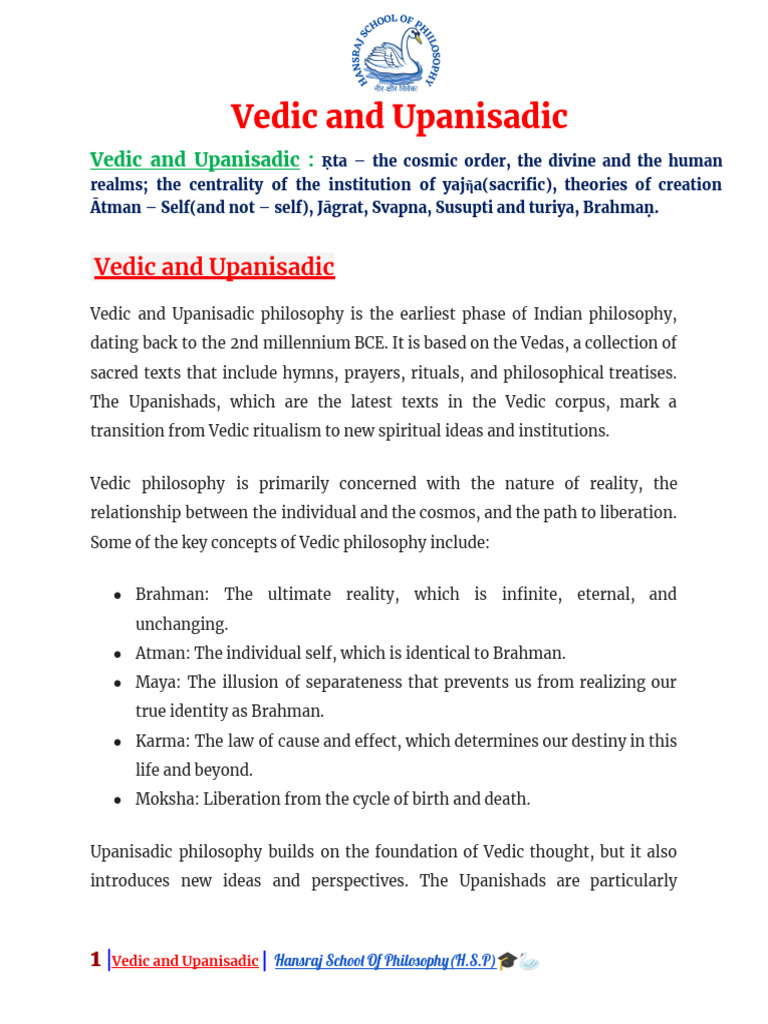 Vedic and Upanishadic Philosophy Notes | PDF | Brahman | Ātman (Hinduism)