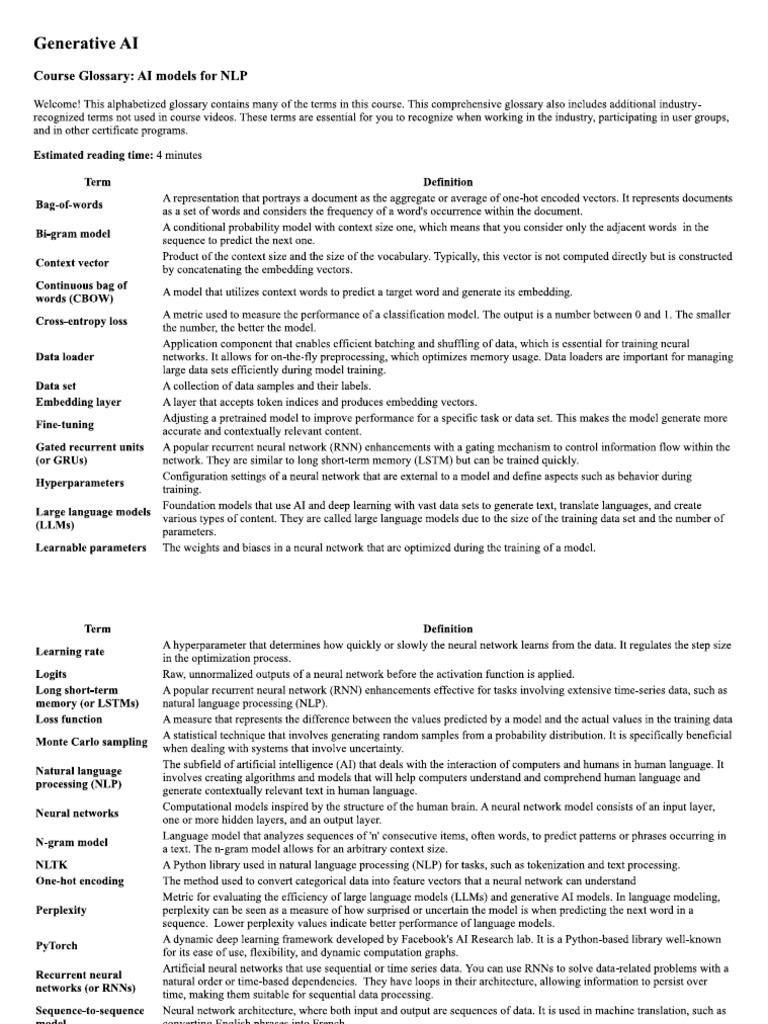 Gen Ai NLP Glossary | PDF