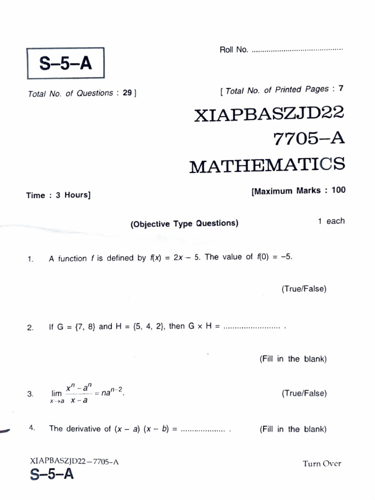 Mathematics Exam Paper with Questions | PDF | Mathematics ...