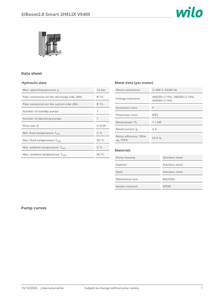 Wilo SiBoost2.0 Smart Pump Data Sheet | PDF | Pump | Pressure Measurement