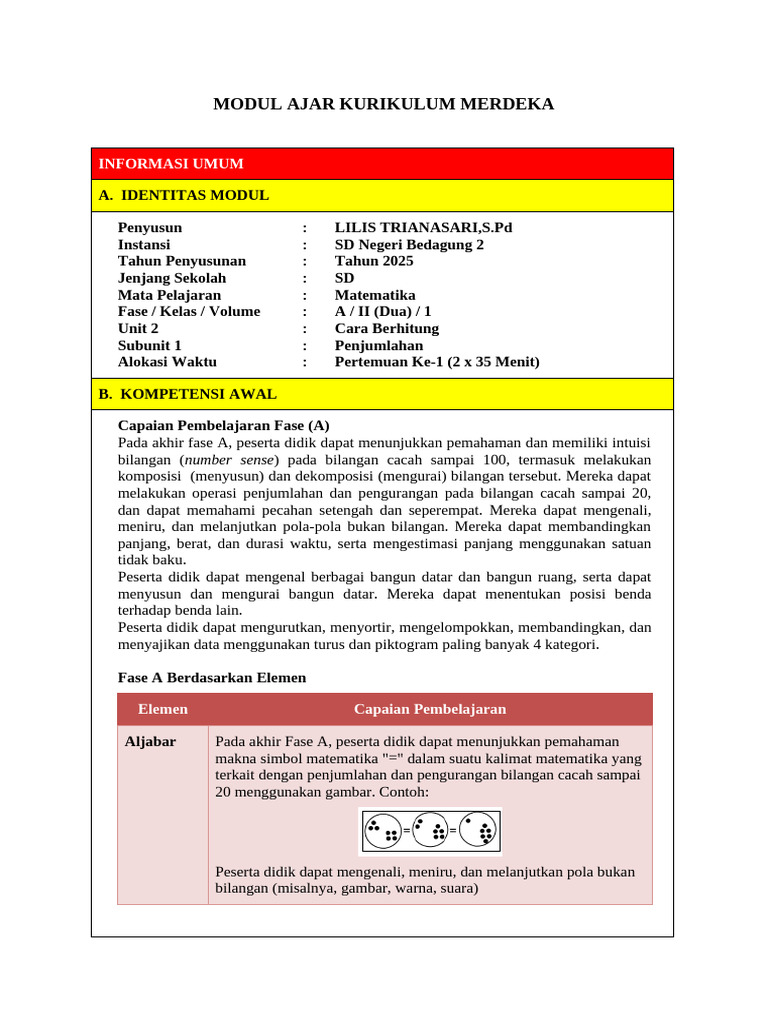 Modul Ajar Matematika SD Fase A | PDF