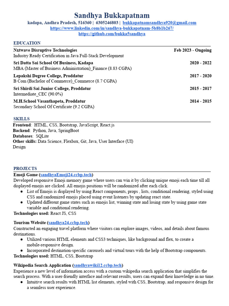 Sandhya Bukkapatnam - Java Developer CV | PDF | Bootstrap (Front End ...