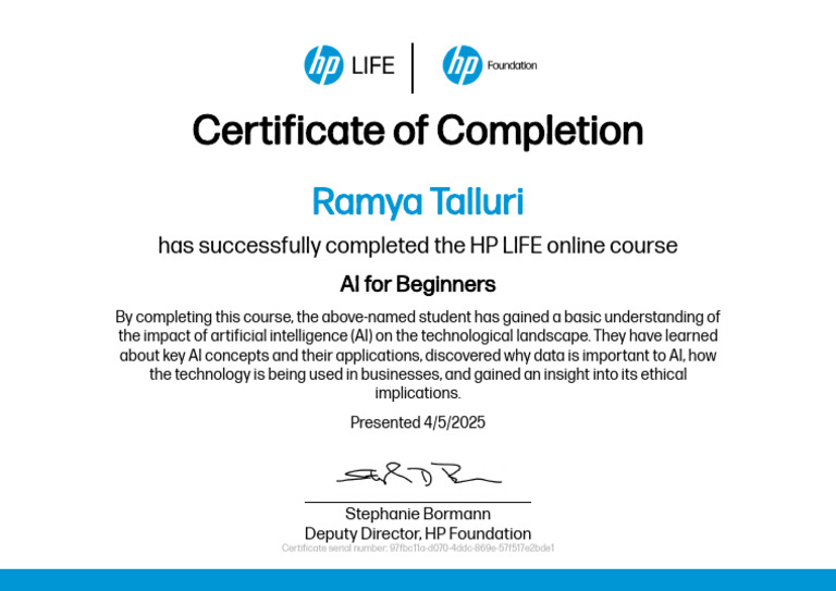 Ramya Talluri: AI for Beginners Completion | PDF