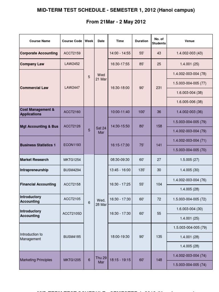CoCM Mid-Term Schedule - Semester 2012A (For Students) | PDF ...