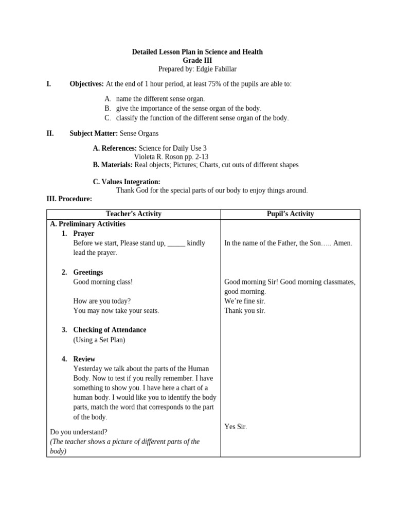 Grade III Lesson Plan: Sense Organs | PDF | Senses | Neuroscience
