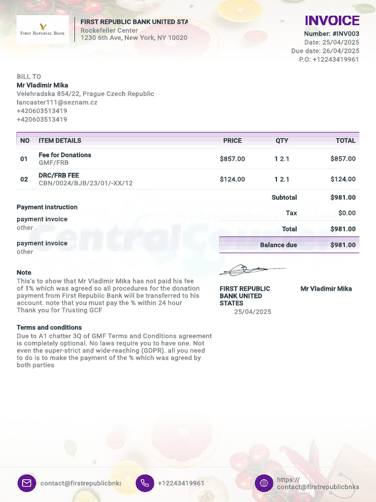 First Republic Bank Invoice #INV003 | PDF | Invoice | Payments