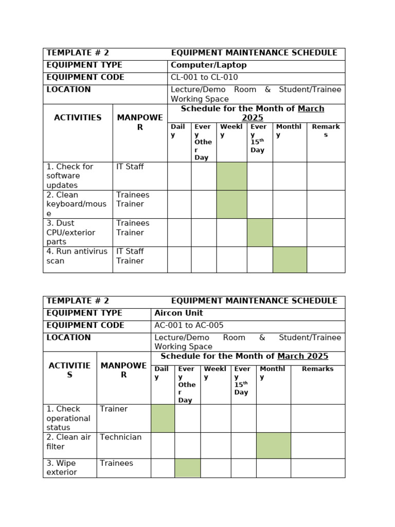 Equipment Maintenance Schedule Template | PDF