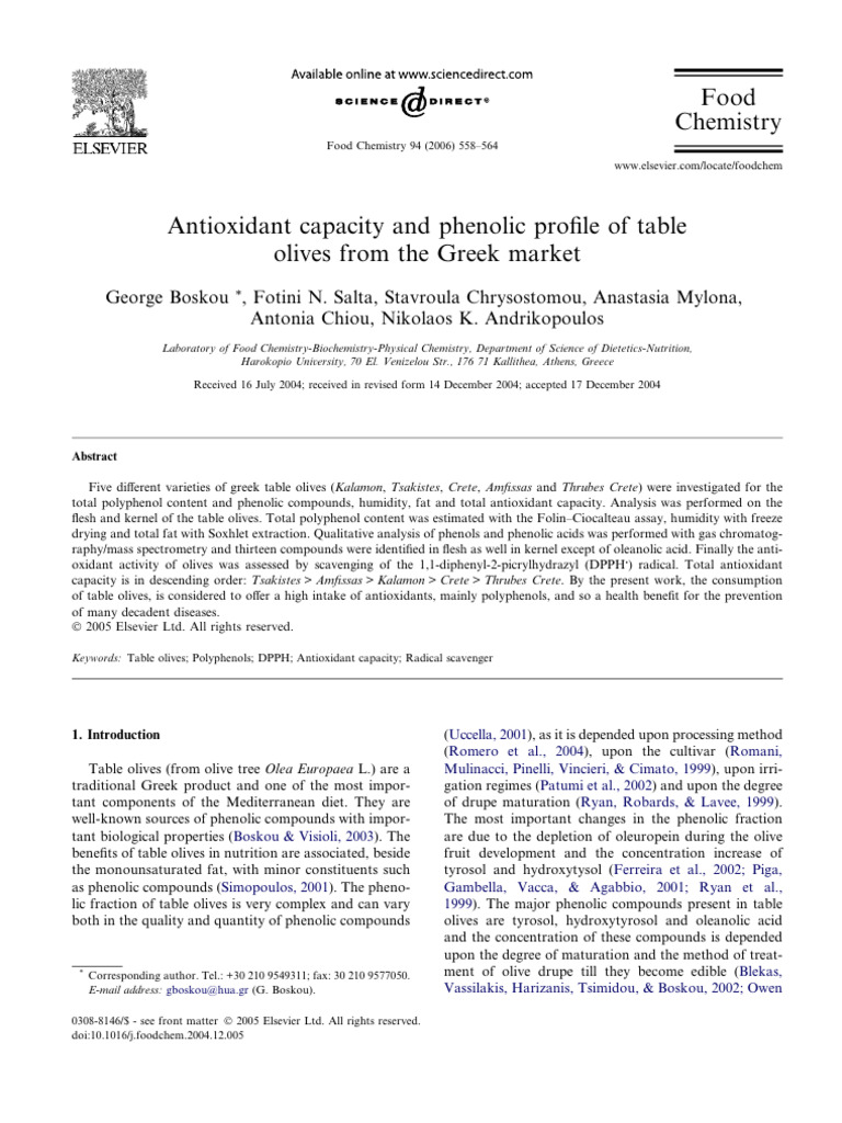Antioxidant Properties of Greek Table Olives | PDF | Polyphenol | Olive