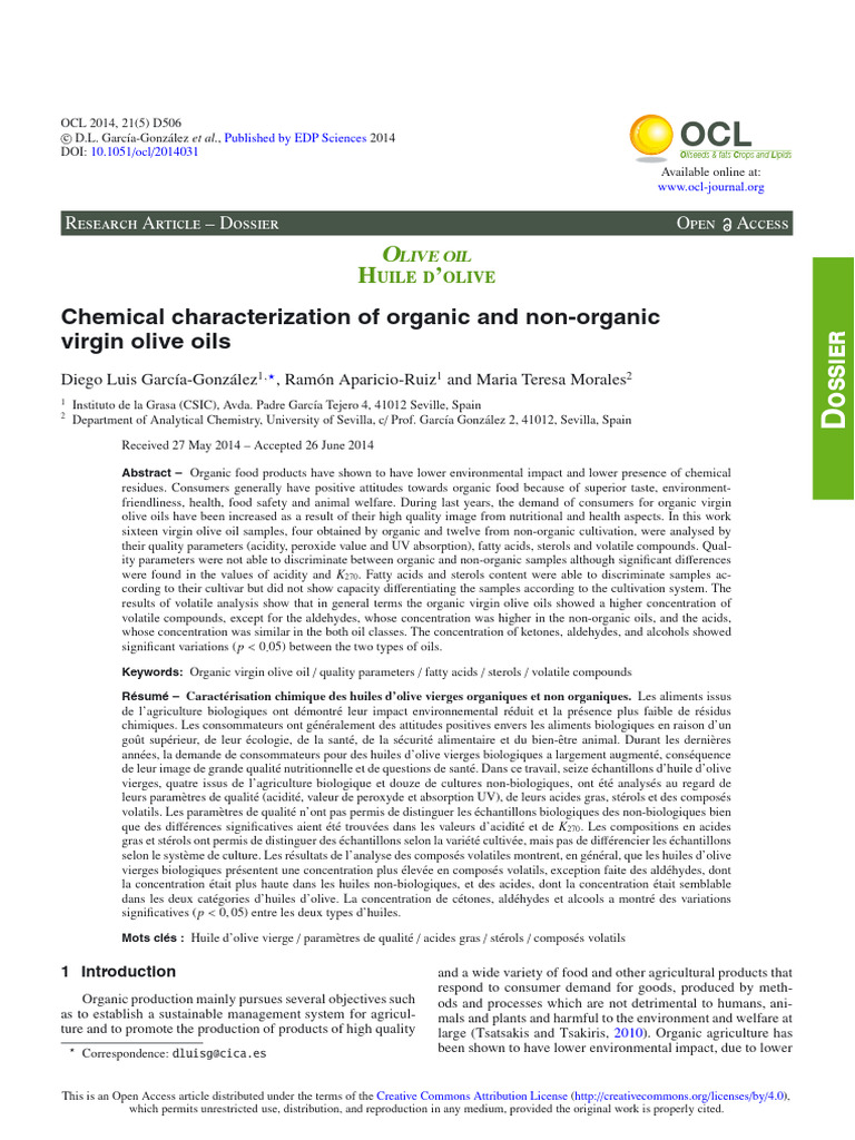 Chemical Characterization of Organic and Non-Organic Virgin Olive Oils ...