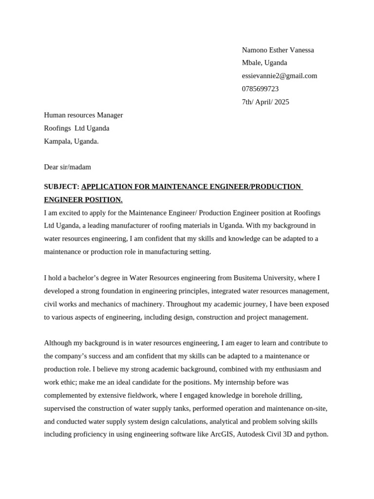 Application for Engineer Position | PDF | Engineering | Engineer