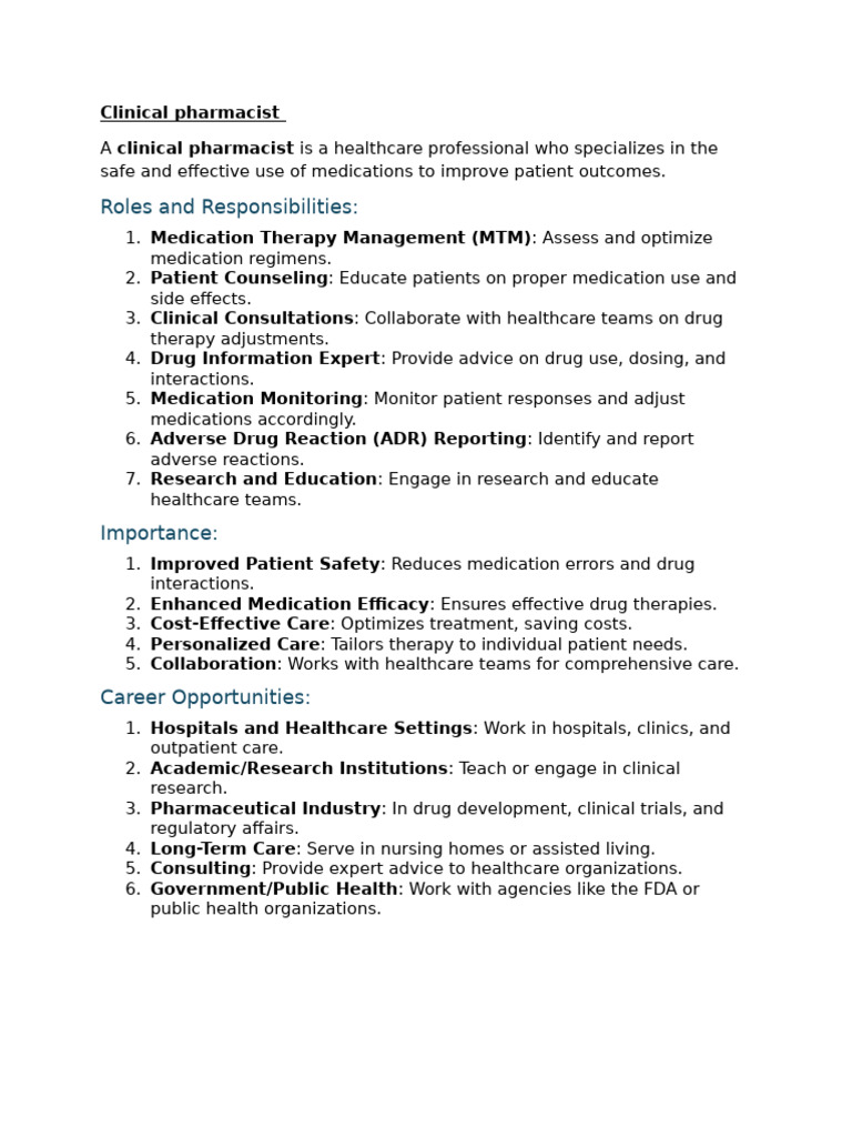 Role of Clinical Pharmacists in Healthcare | PDF
