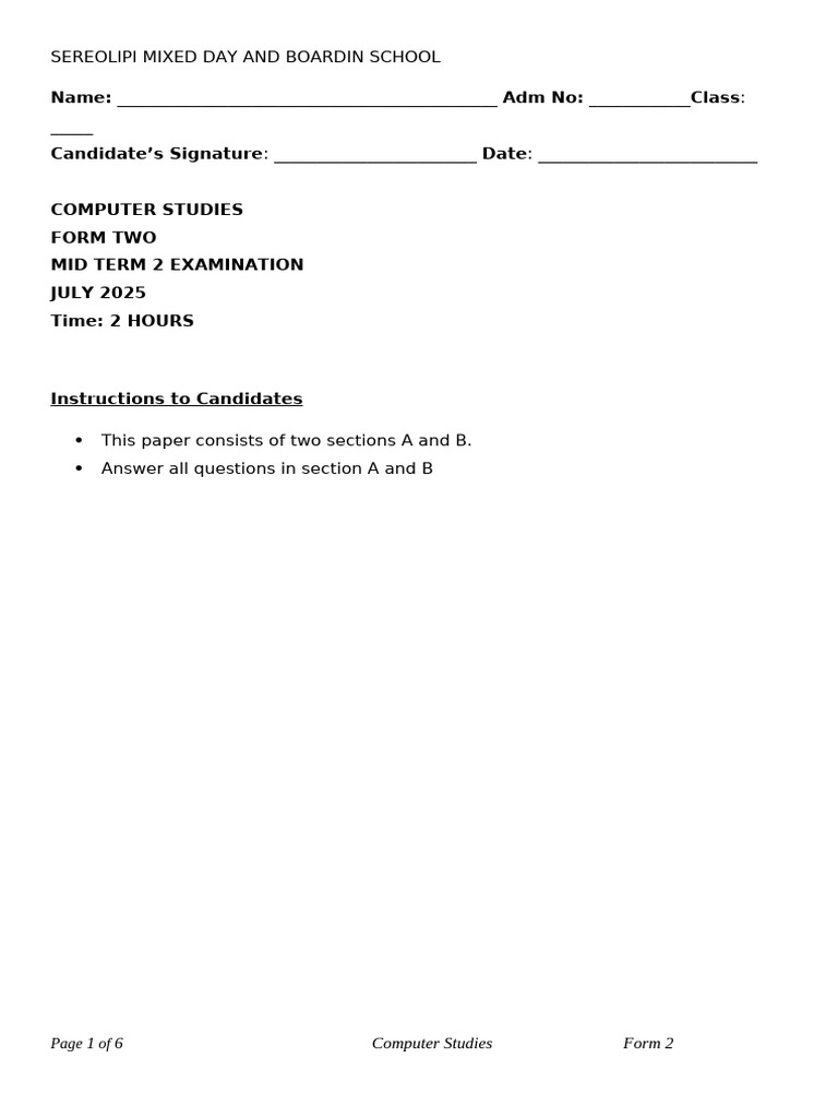 Form 2 Computer Studies Exam Paper | PDF | Computing | Computer Science