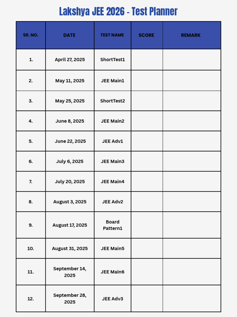 JEE 2026 Test Planner and Schedule | PDF
