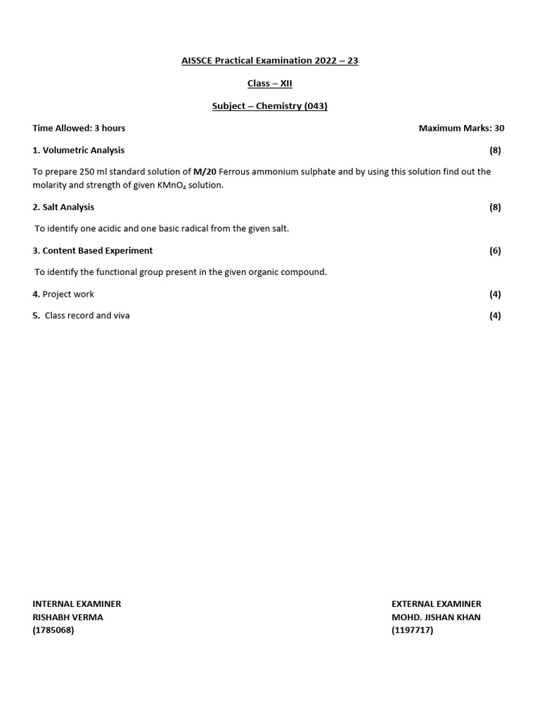 AISSCE Class XII Chemistry Practical Guide | PDF