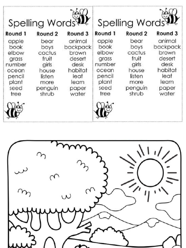 Spelling Bee Words and Colouring Page | PDF