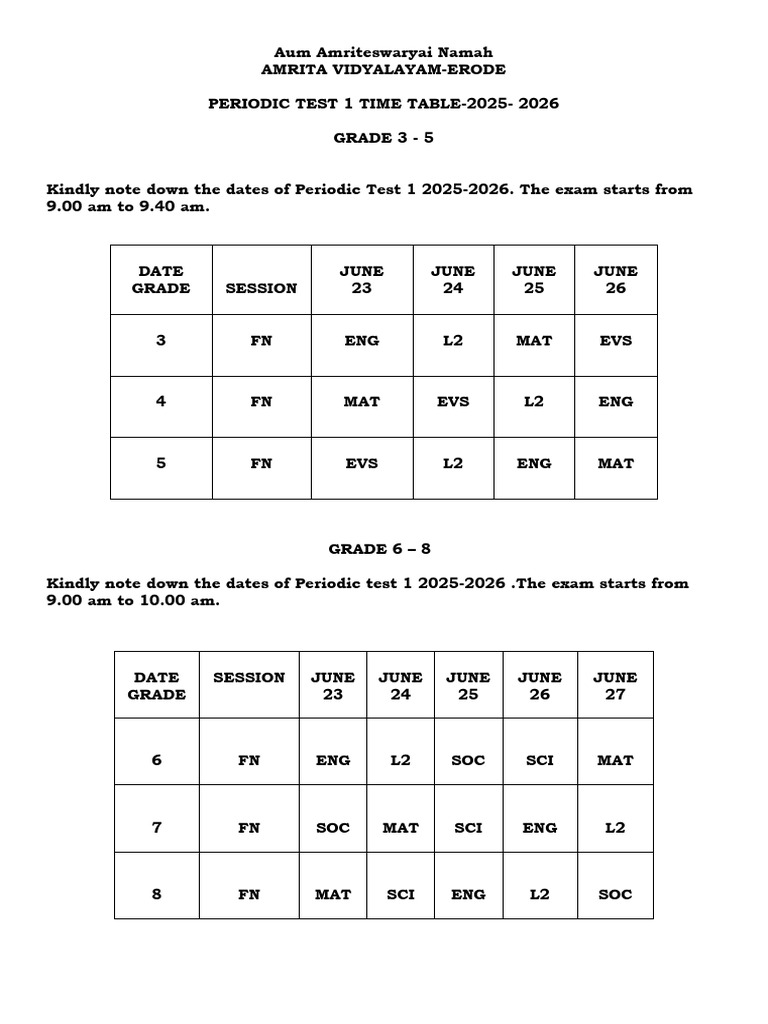 Half Yearly Exam Timetable 2025-26 | PDF
