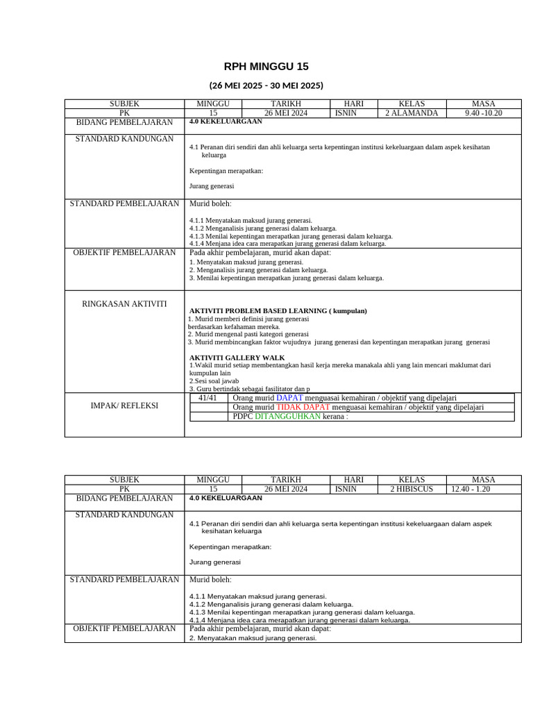 RPH Minggu 15: Jurang Generasi dan Ragbi | PDF