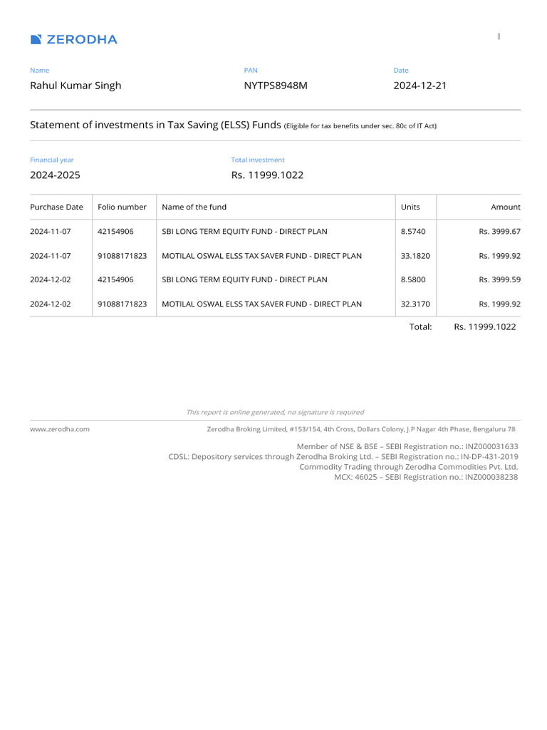 ELSS Investment Statement for 2024 | PDF